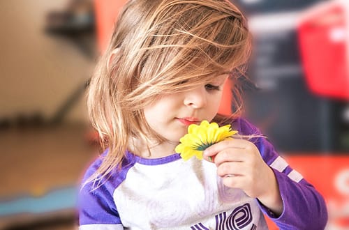 toddler girl holding flower